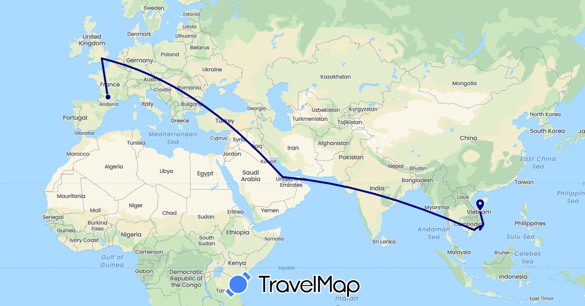 TravelMap itinerary: driving in France, United Kingdom, Qatar, Vietnam (Asia, Europe)